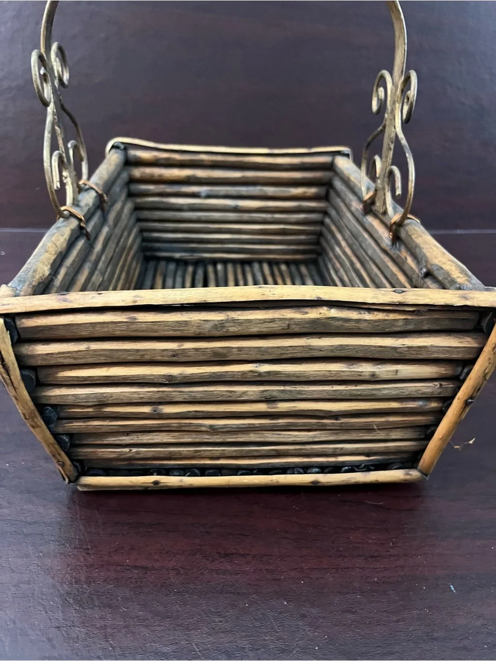 Woven Natural Brown Decorative Basket with Metal Handle